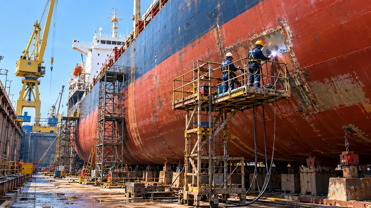 Dry-dock hull repair with scaffolding and welding work 