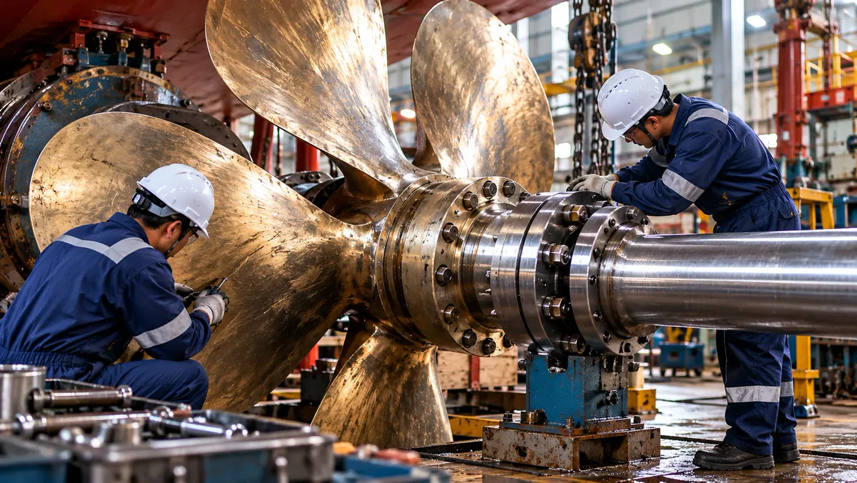 Technicians working on a ship propeller and shaft