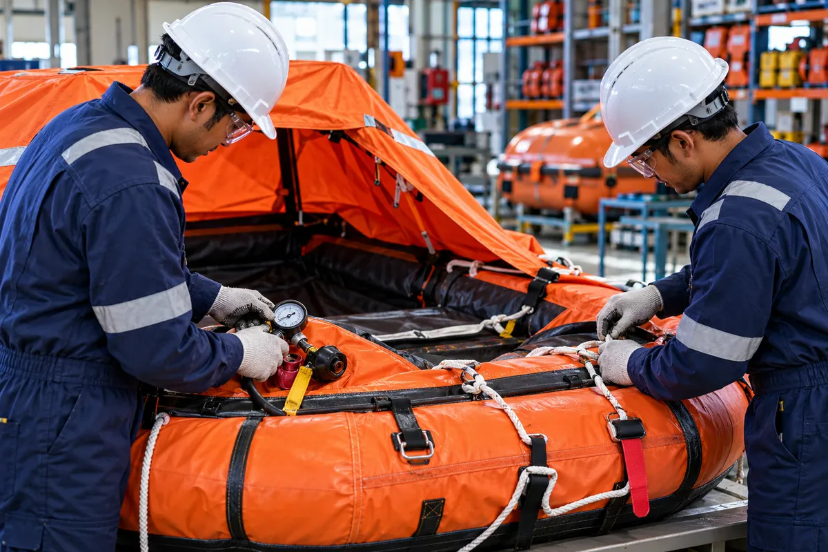life raft being serviced by technicians