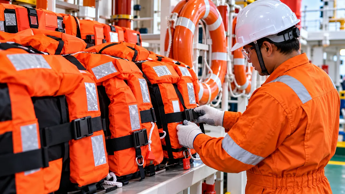Lifejackets and lifebuoys being inspected 