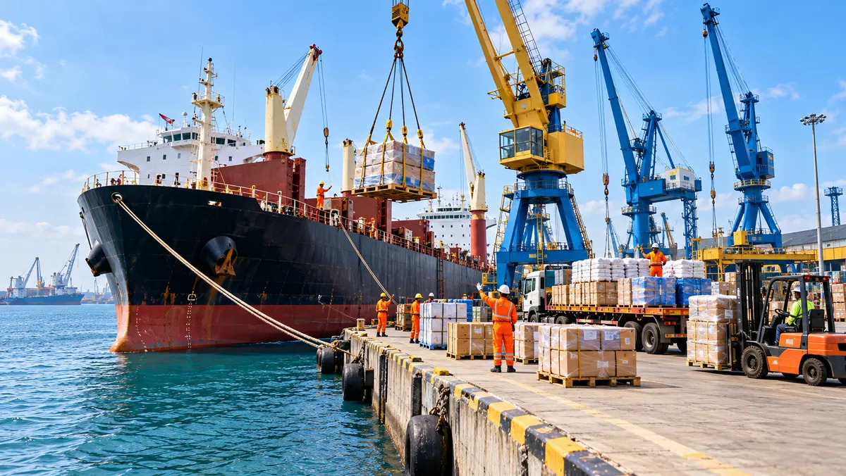 Provisions and spares being loaded at a port quay 