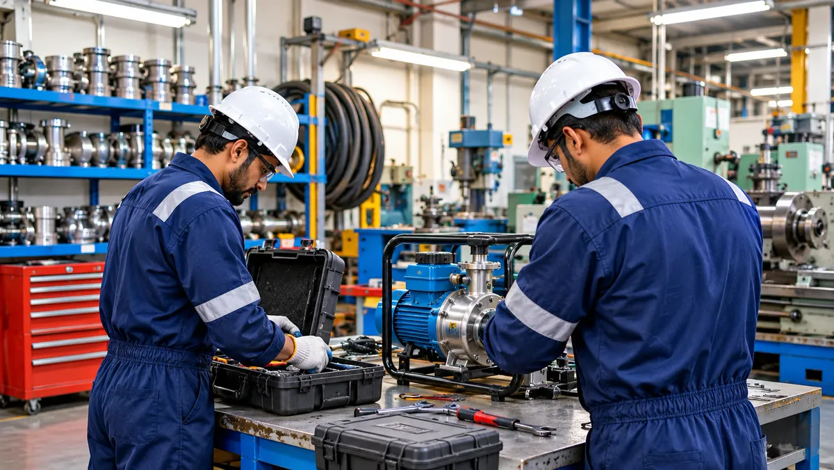 Machinist operating a metal lathe in a workshop 